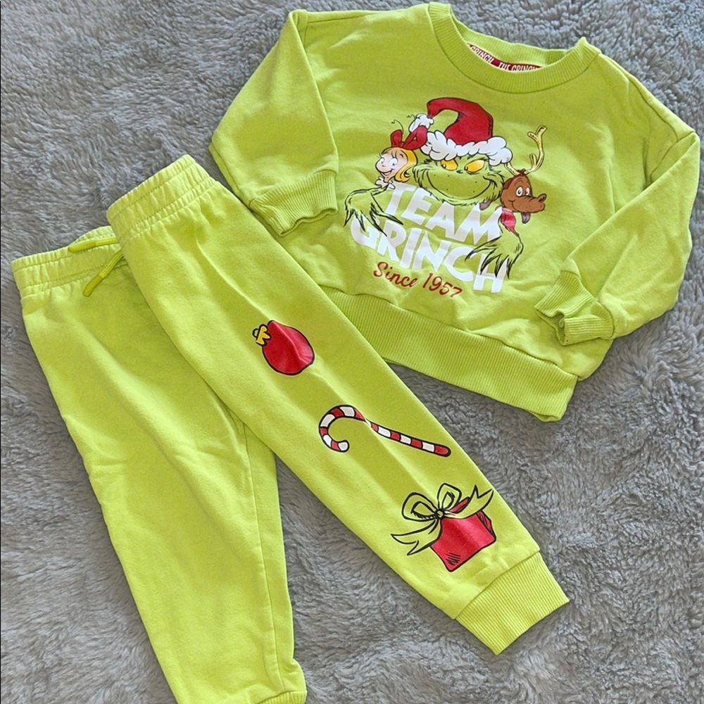 Dr. Seuss Team Grinch Kids Sweatshirt Joggers Set Ugly Christmas Sweater Sz 2T